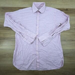 PINK Thomas Pink Shirt Men 16.5 34 Pink Blue Check Button Up French Cuff